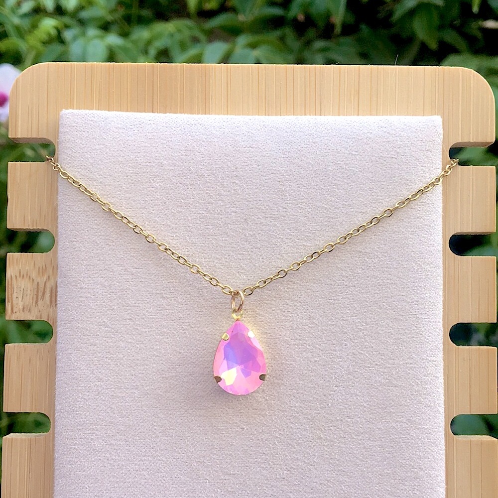 Pink Opal Aurora Borealis Pear Teardrop Crystal Pendant Necklace - Picture 12 of 14
